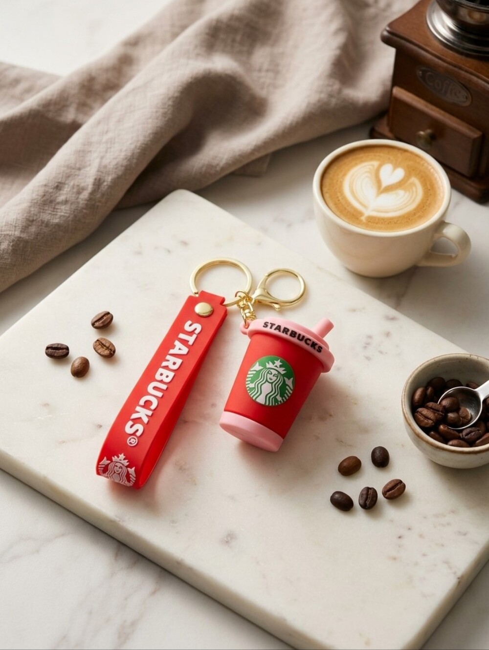 Starbucks Red and Pink Cup Keychain with Logo Strap